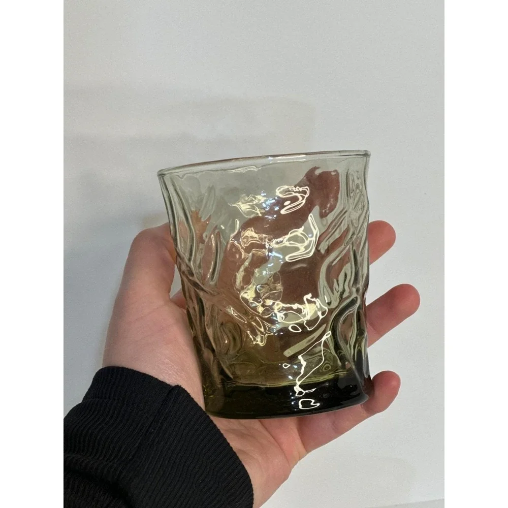 VTG Libbey Aztec Olive Green Drinking Glasses Set 5 MCM Textured Rocks Drinkware